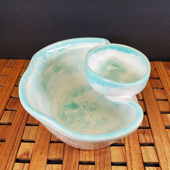 Handmade Studio Pottery Chip & Dip Bowl — Aqua Blue Glaze, Artisan Serveware - Picture 1 of 10